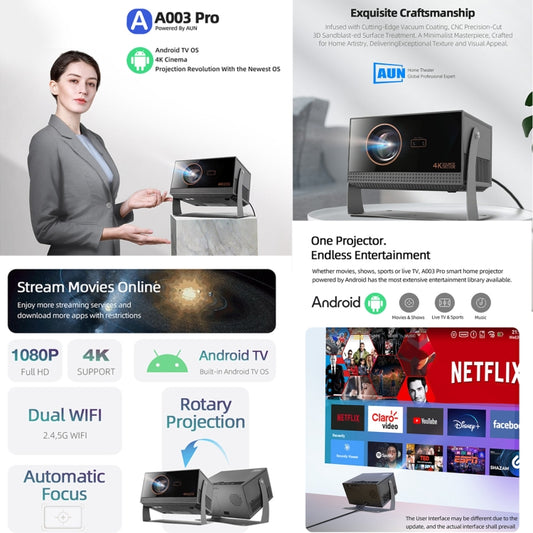 AUN A003 Pro 1920 x 1080P 350 Lumens Portable Home Theater LED HD Digital Projector, UK Plug(Grey) by AUN