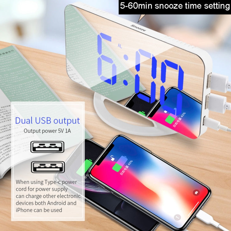 TS-8201 LED Digital Mirror Alarm Clock Big Screen Dual USB Desktop Table Clock, Color: Black Shell Blue Light by bashfashion