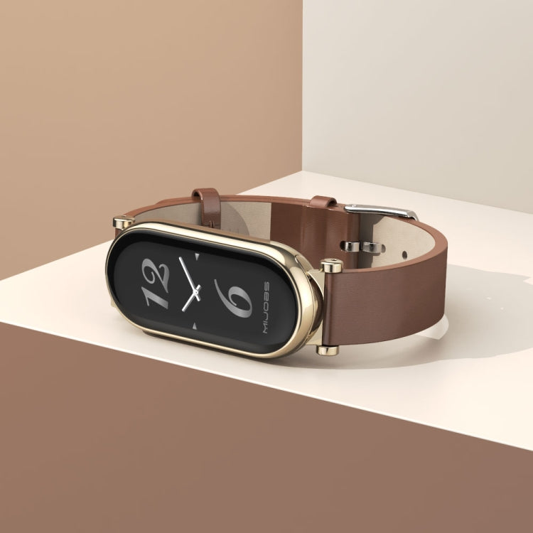For Xiaomi Smart Band 10 / 9 / 8 Mijobs GT4 First Layer Cowhide Watch Band(Brown Silver) by MIJOBS