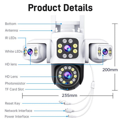 2MP HD 360 Degree Panorama 3 Lens IP66 Waterproof Wireless WiFi Camera, Memory:15 Days Memory Card(US Plug) by bashfashion