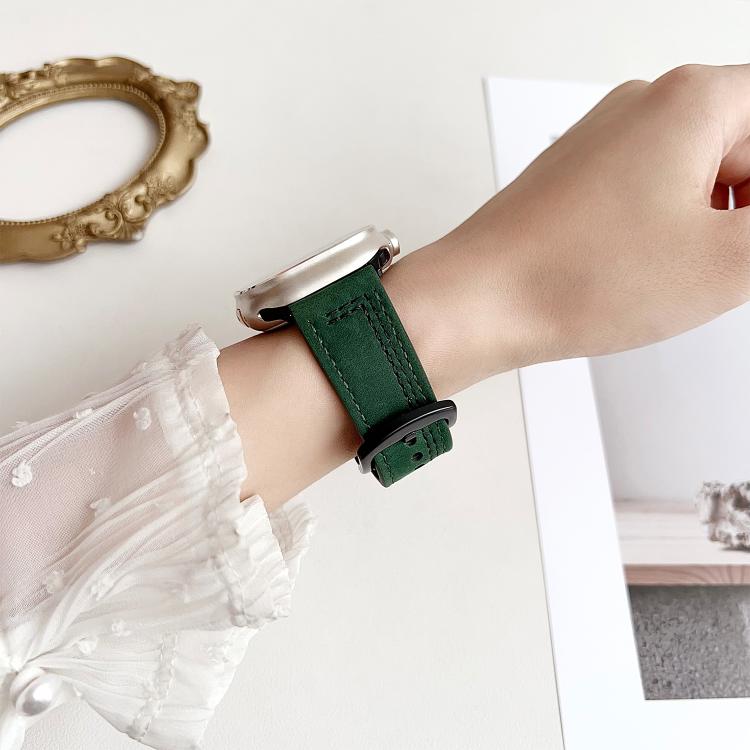 For Apple Watch 42mm / 41mm / 40mm / 38mm 7-Line Tri-Star Buckle Pull Up Leather Watch Band(Crazy Horse Army Green Black Thread) by bashfashion