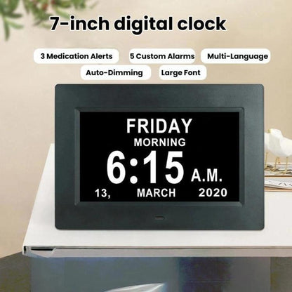 7-inch Digital Frame Calendar Day Clock With 3 Medication Alerts, 5 Custom Alarms, Multi-Language Support EU Plug Black by bashfashion
